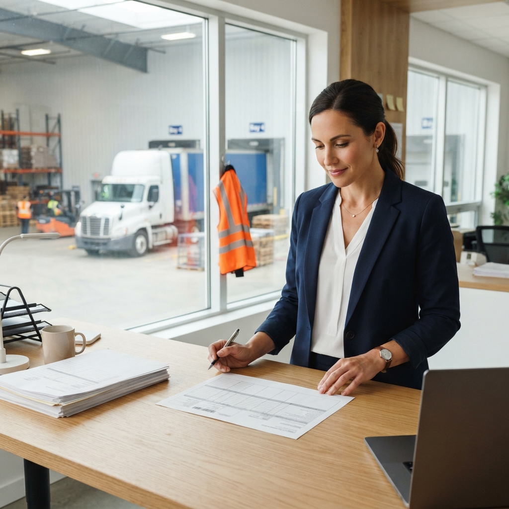 Logistics manager reviewing shipping documents in a bright warehouse