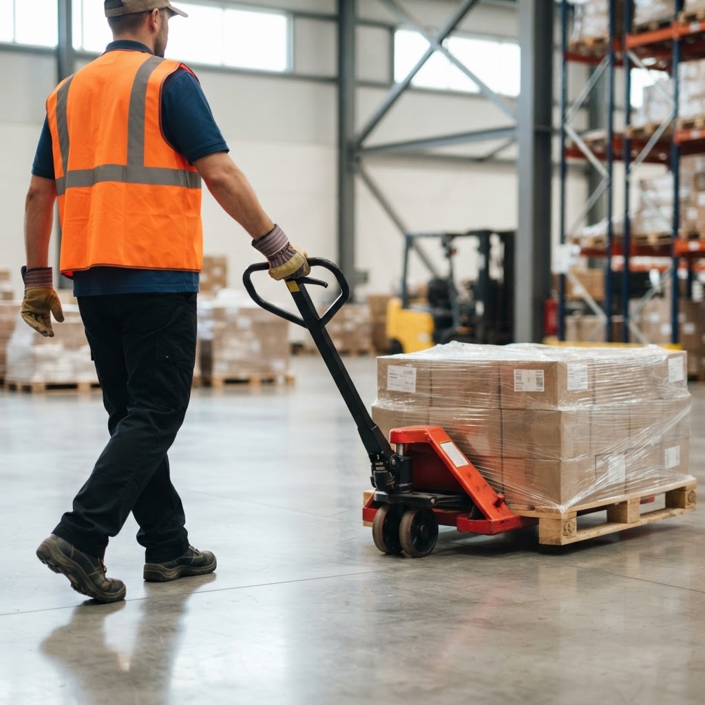Warehouse worker moving a pallet in a clean facility