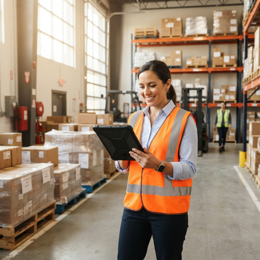 Logistics coordinator managing shipments in a clean warehouse