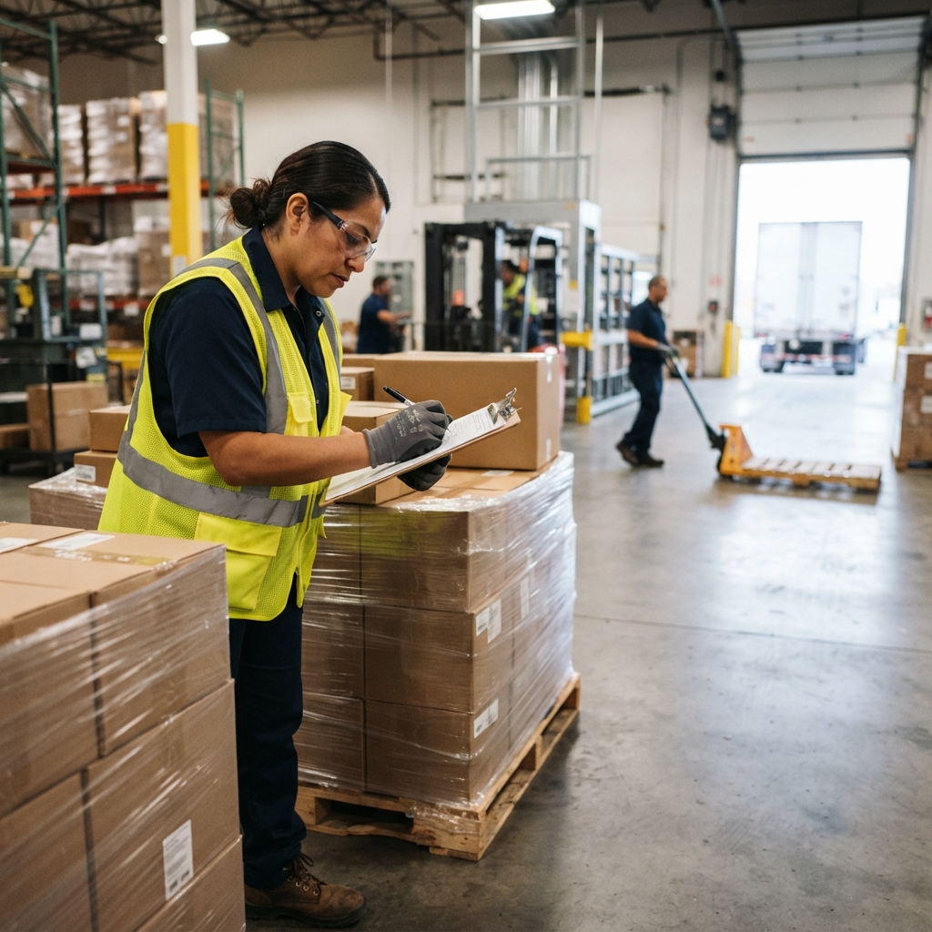 Worker verifying organized palletized freight in a warehouse