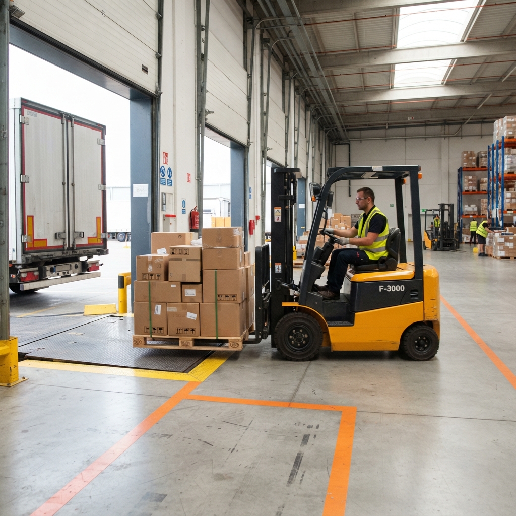 Forklift operator moving pallets in an organized warehouse