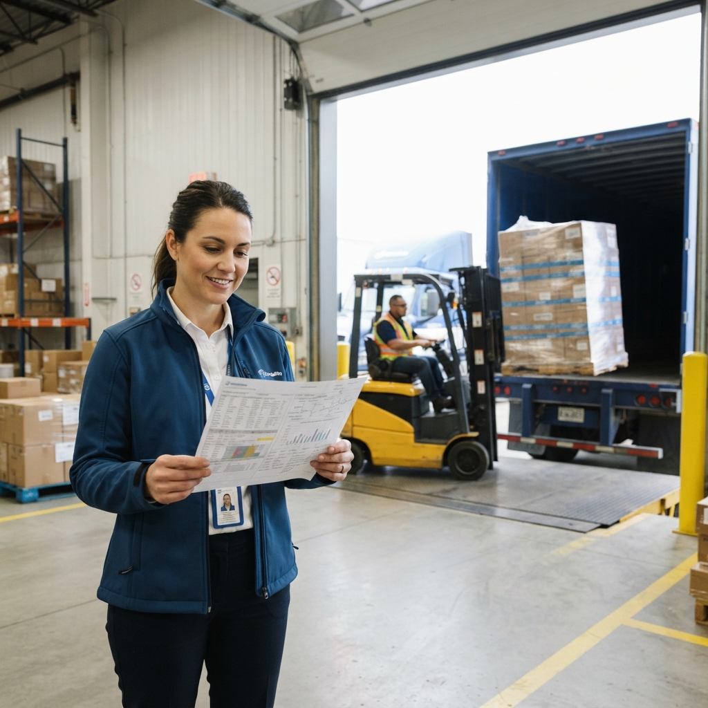 Logistics coordinator organizing shipping documentation in a warehouse