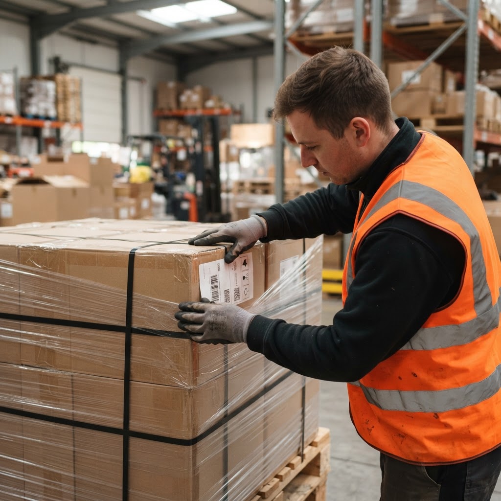 Worker applying a shipping label to a pallet