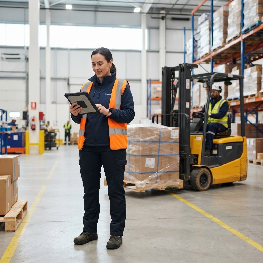 Logistics manager checking shipment status in a warehouse