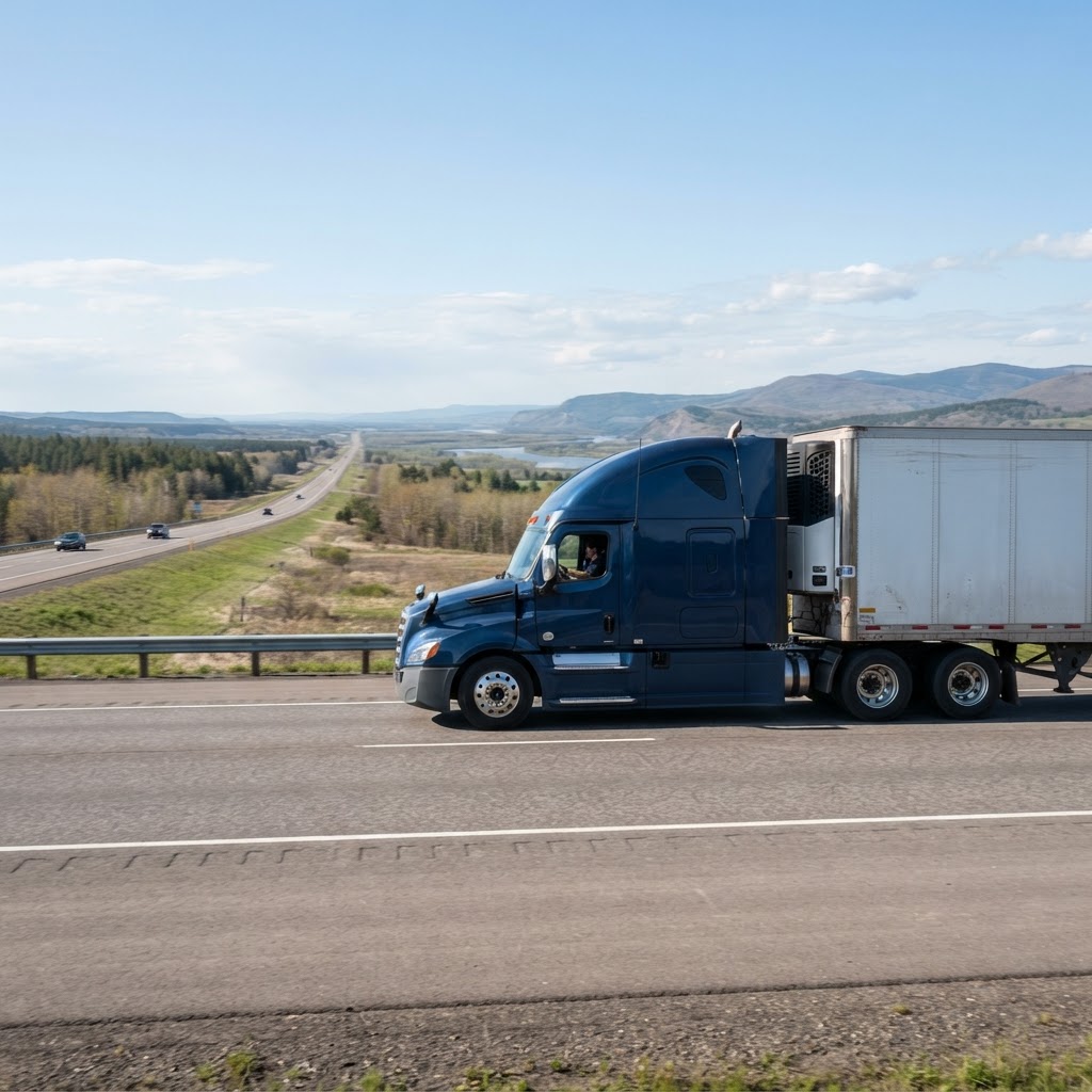 Transport truck moving along a major highway corridor