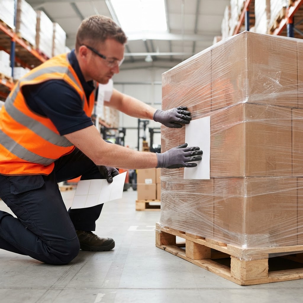 Warehouse worker preparing a pallet for transport
