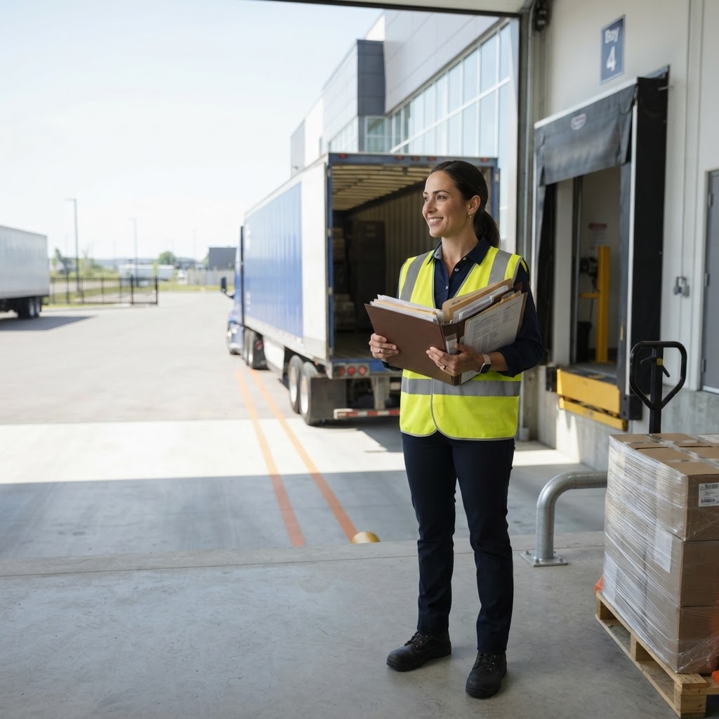 Logistics manager holding shipping documents at a warehouse dock