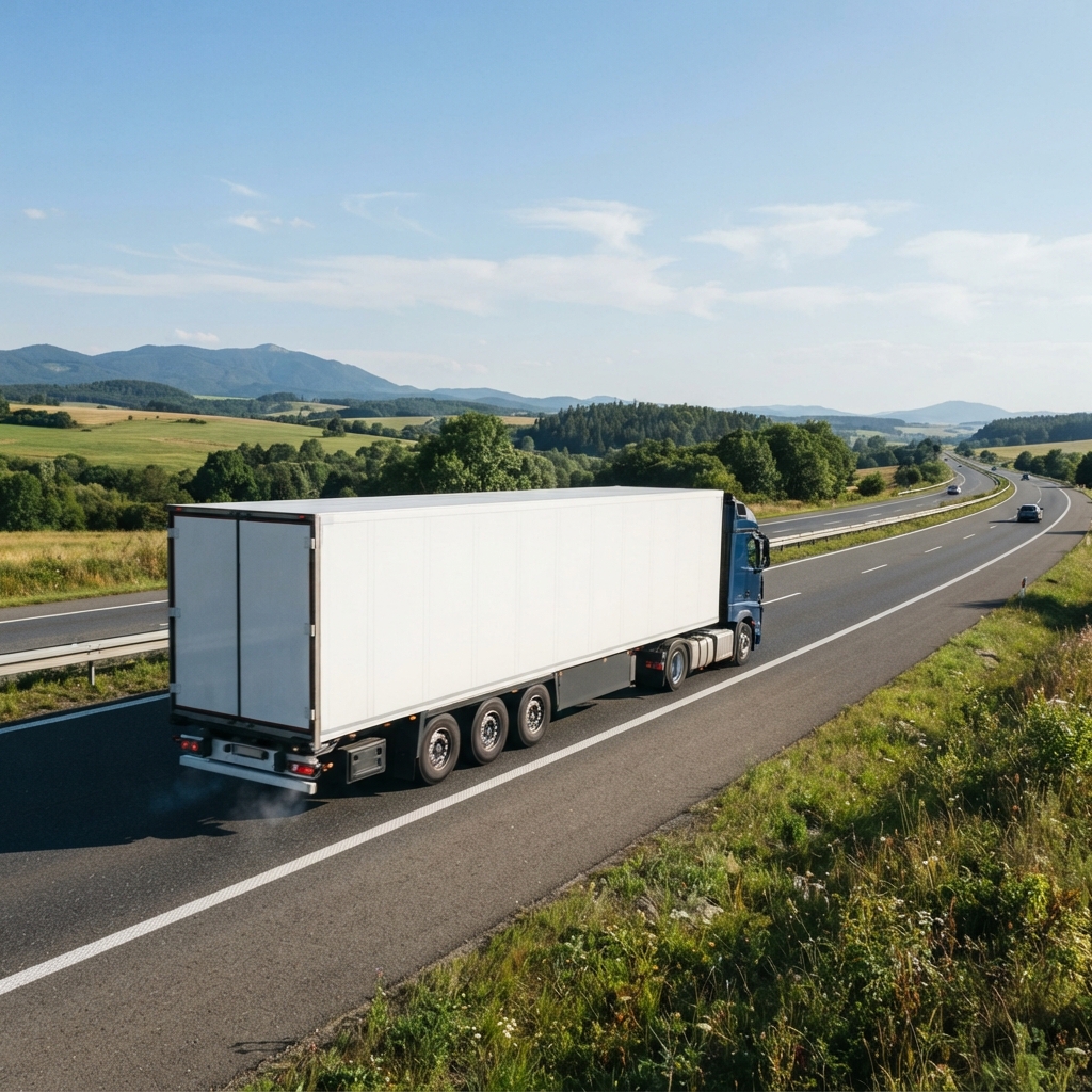 A freight transport truck driving down an open highway