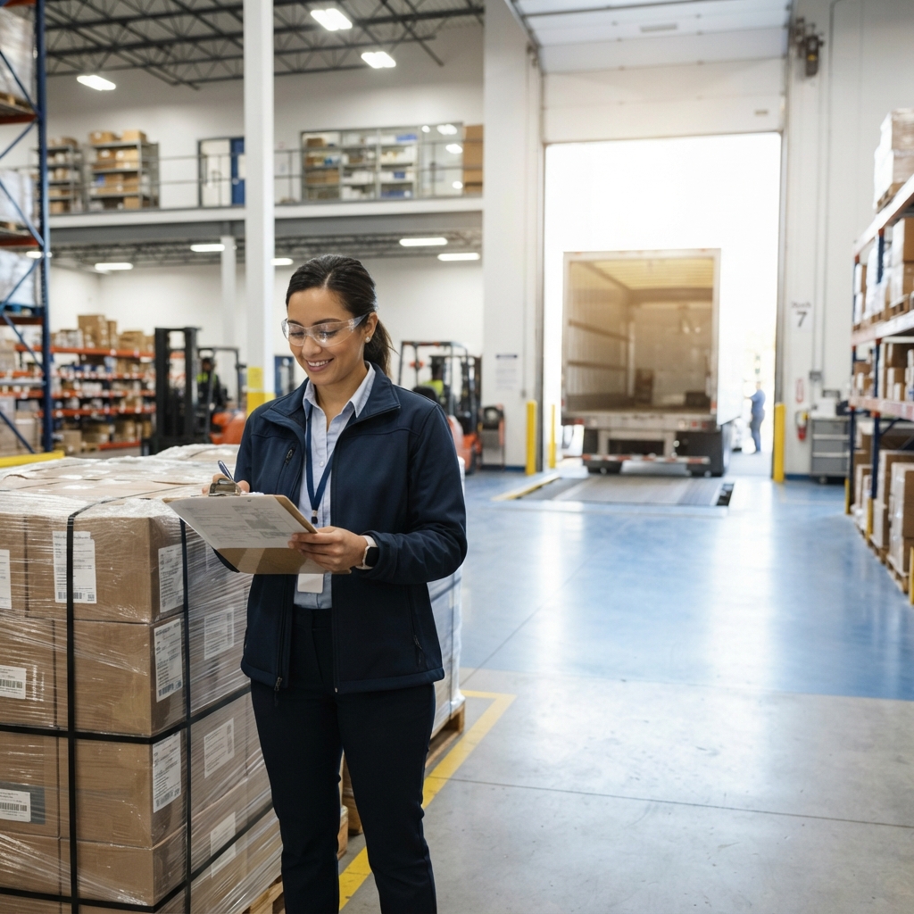 Logistics coordinator reviewing shipping documentation in a warehouse