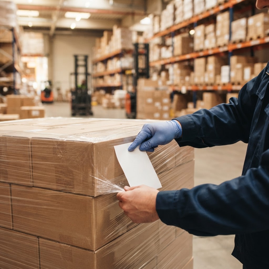 Worker securing a shipment in a warehouse