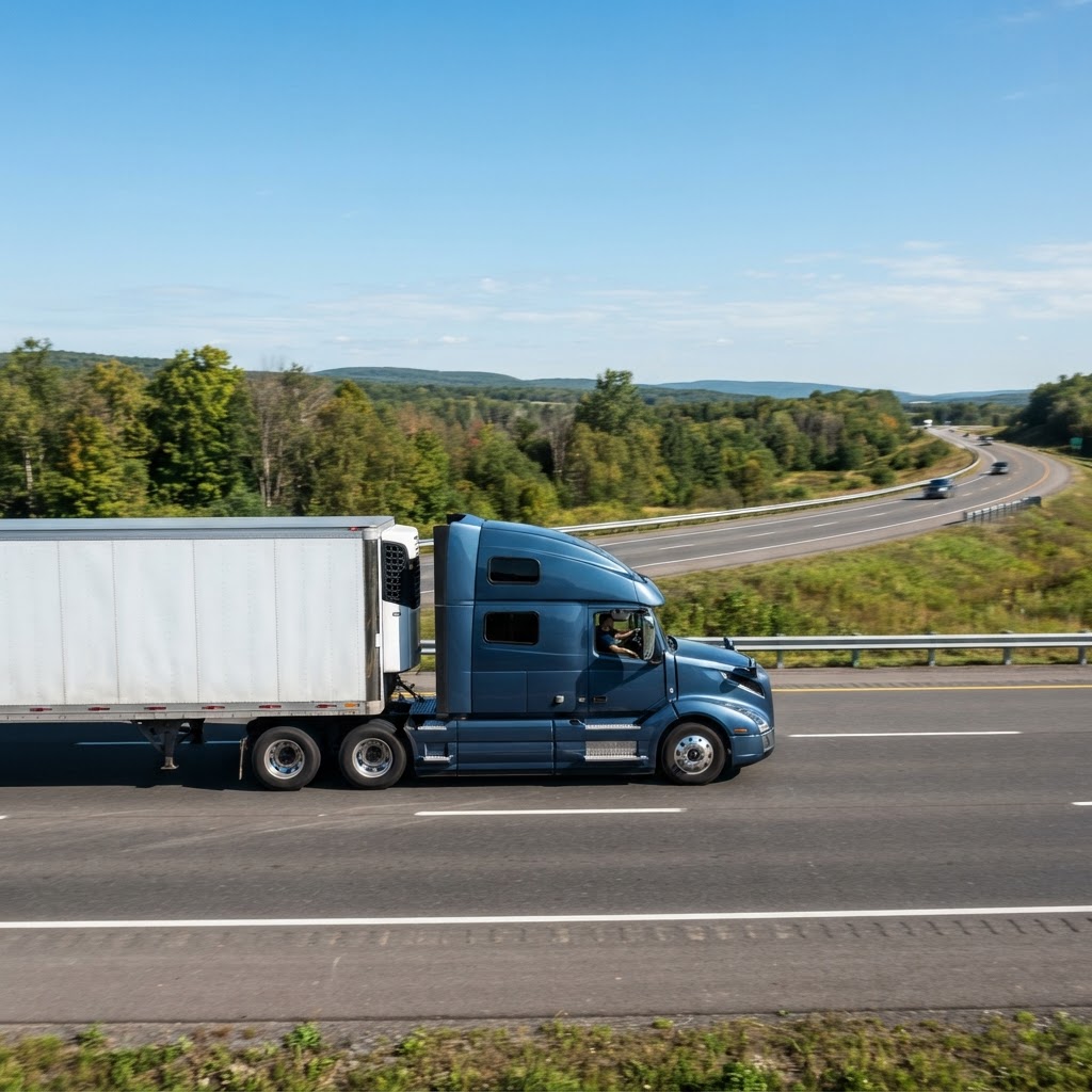 Transport truck driving along a highway