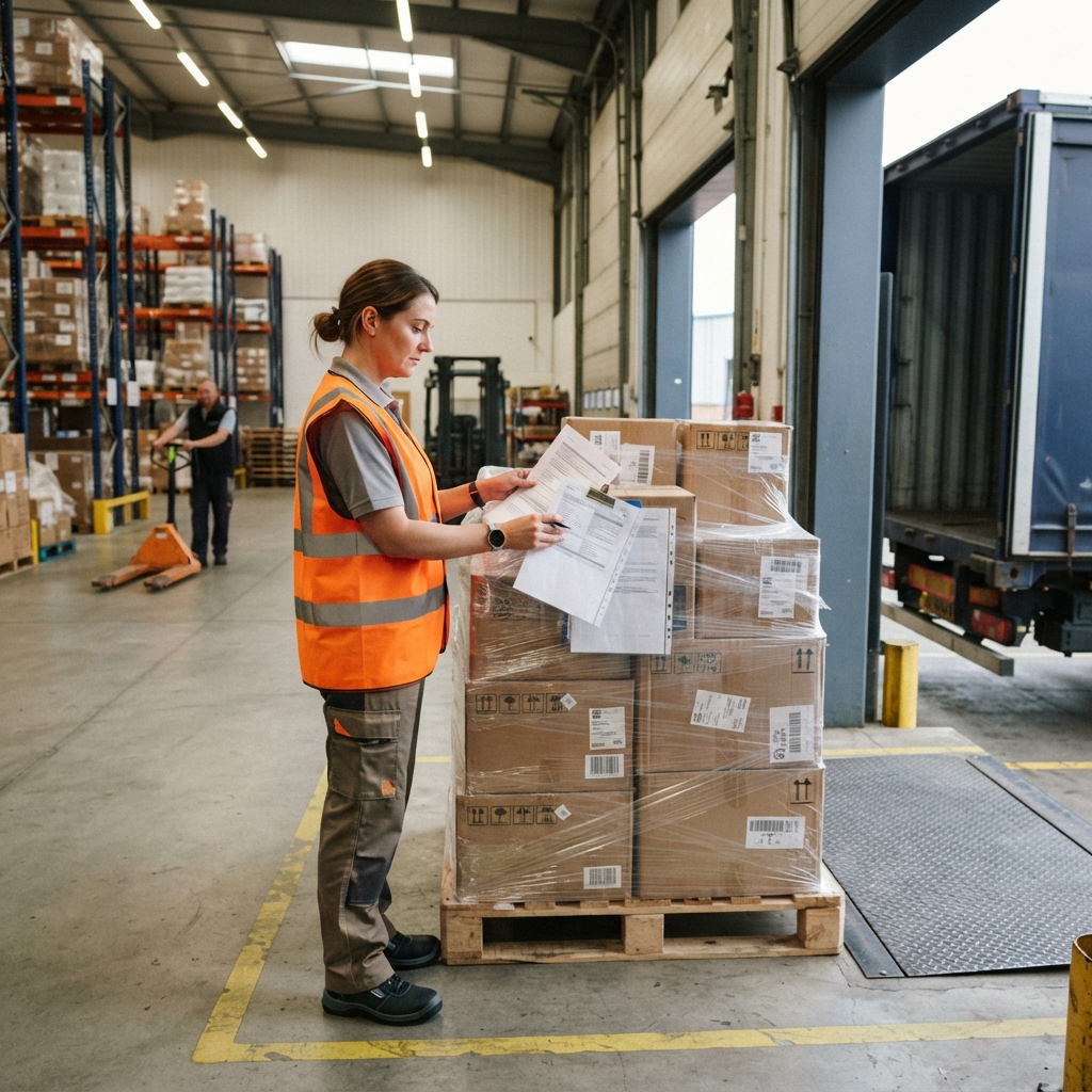 Warehouse worker inspecting freight for shipping