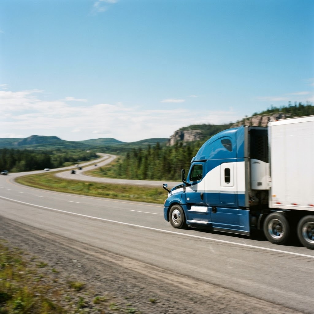 Transport truck moving goods along a highway