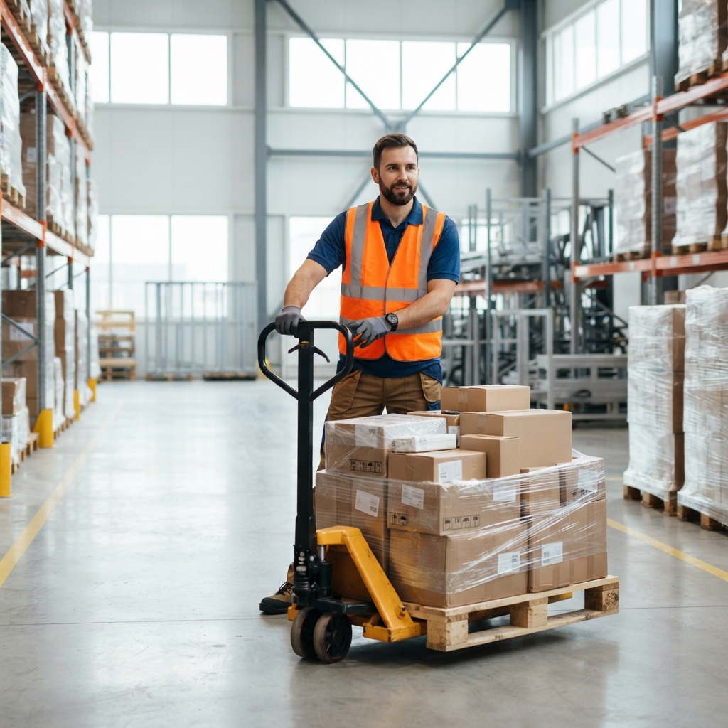 Warehouse worker consolidating small freight shipments onto a single pallet