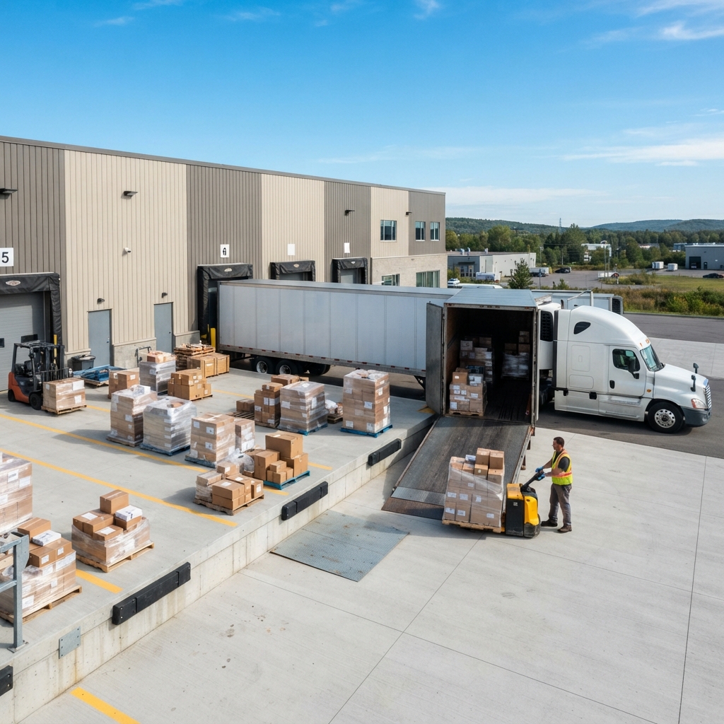 Transport truck loading consolidated freight at a warehouse dock
