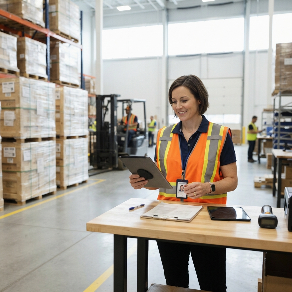Logistics manager reviewing organized pallet shipments in a warehouse