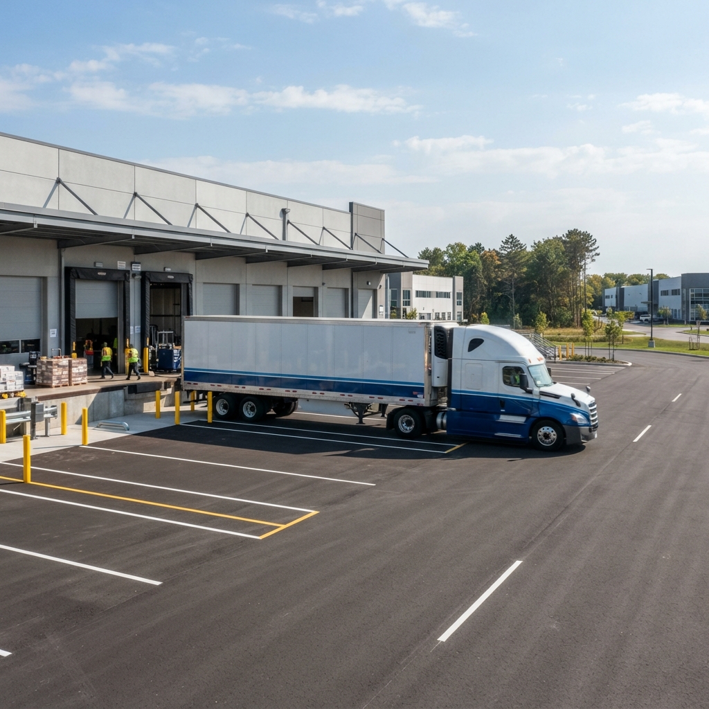 Transport truck departing a clean warehouse loading dock