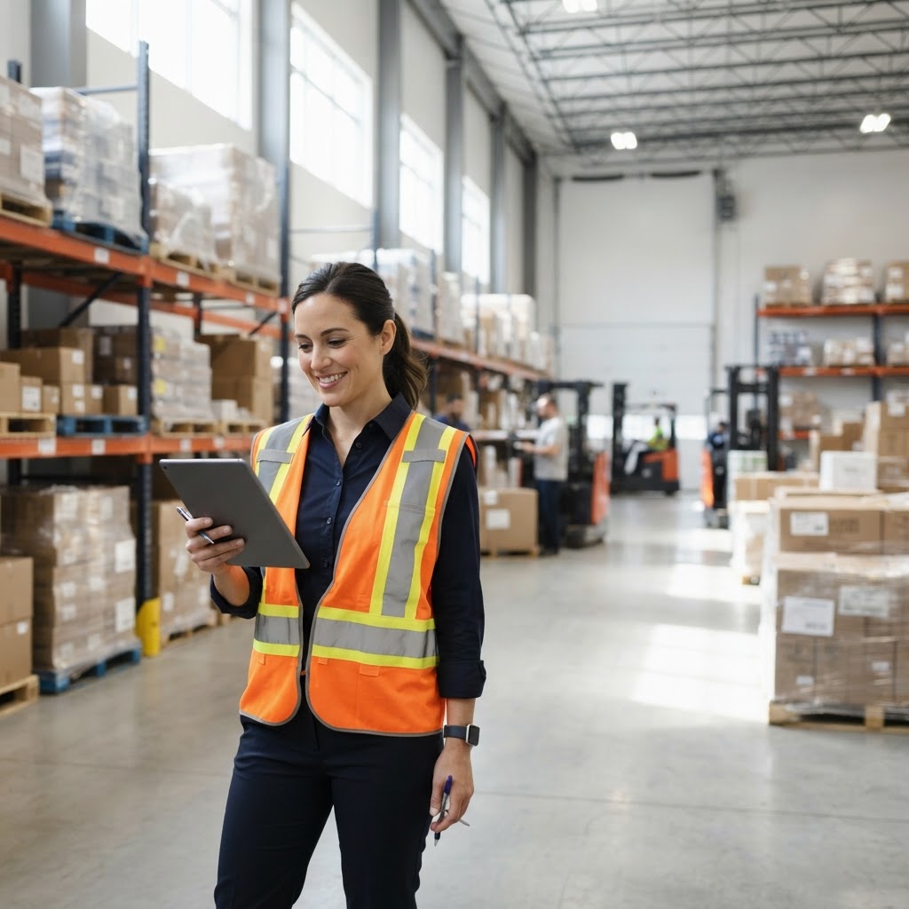 Logistics coordinator managing shipments in a clean warehouse
