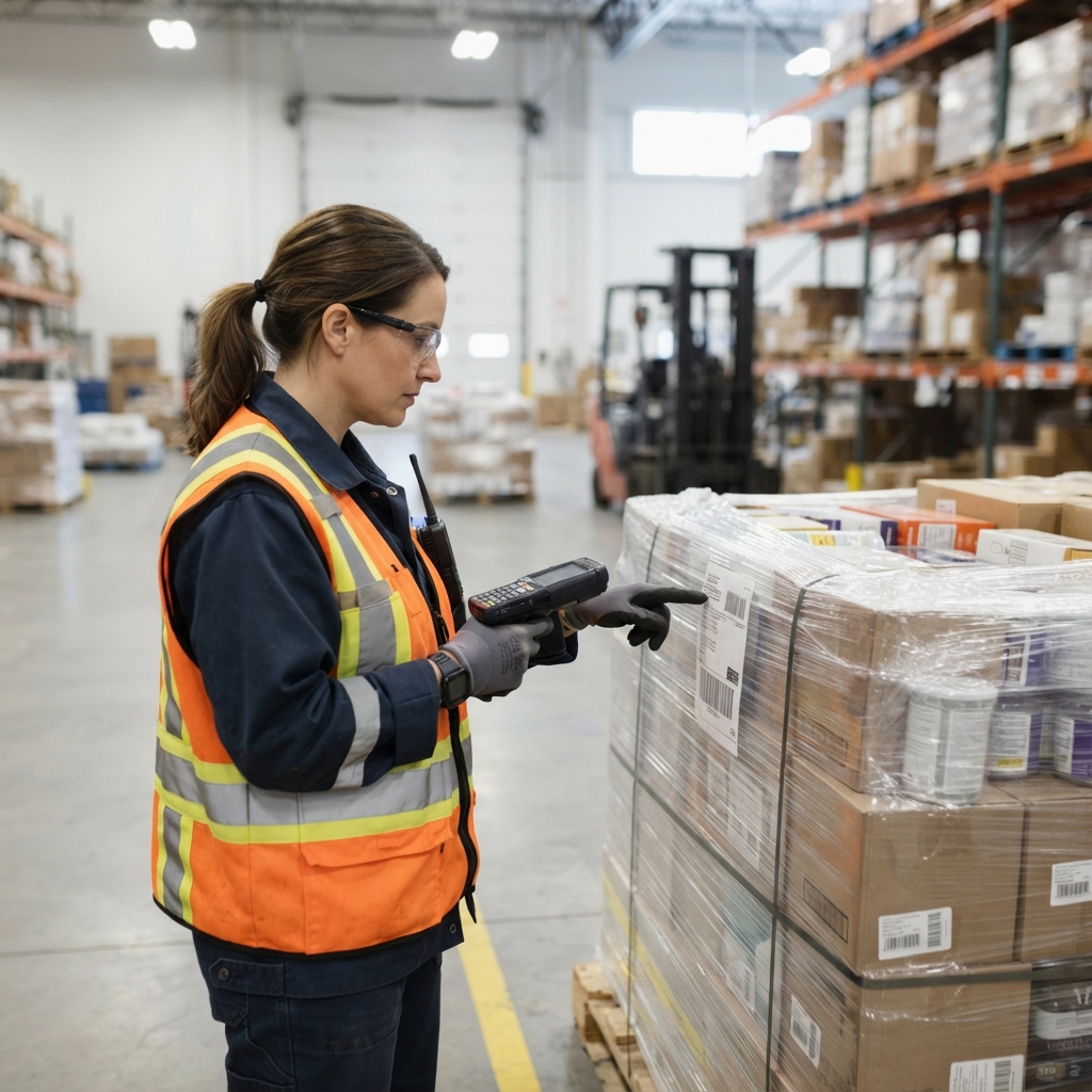 Worker inspecting prepared freight pallet in a tidy warehouse