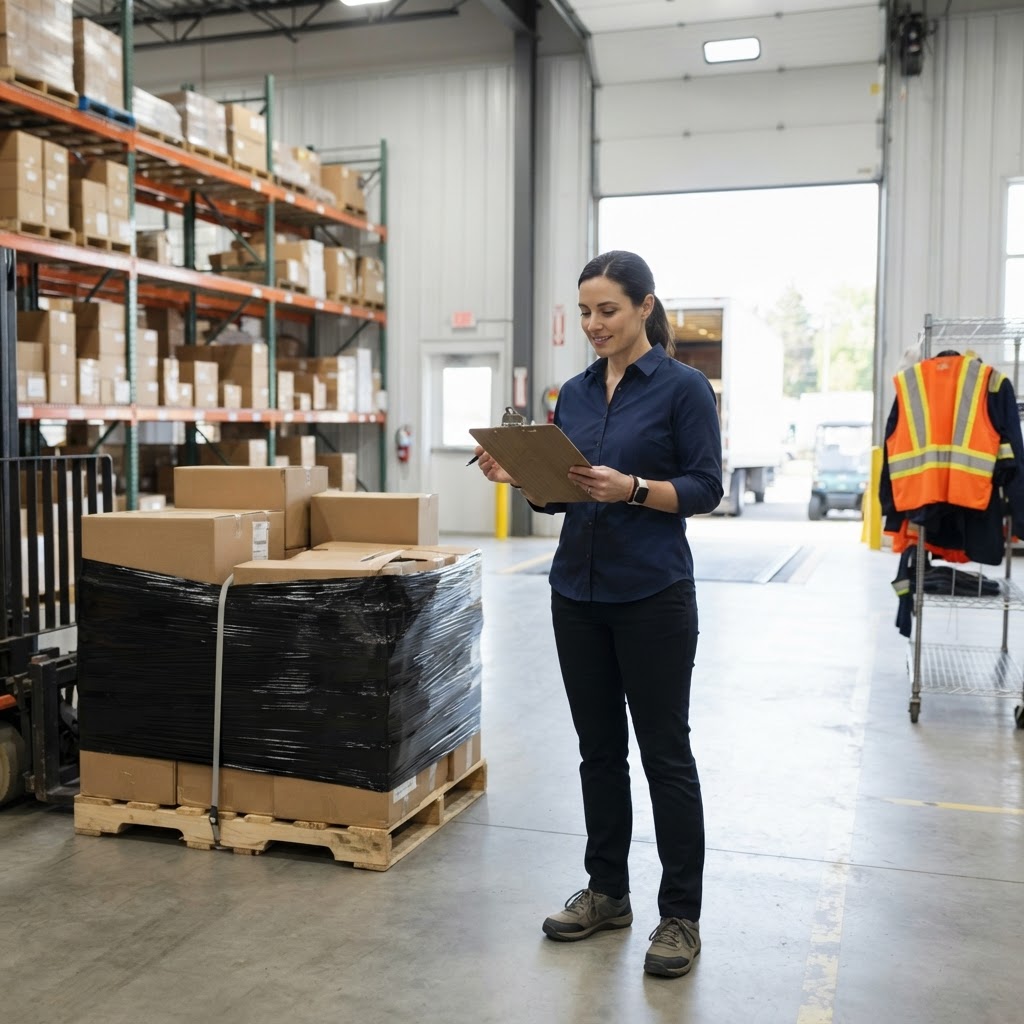 Logistics coordinator reviewing paperwork in a warehouse