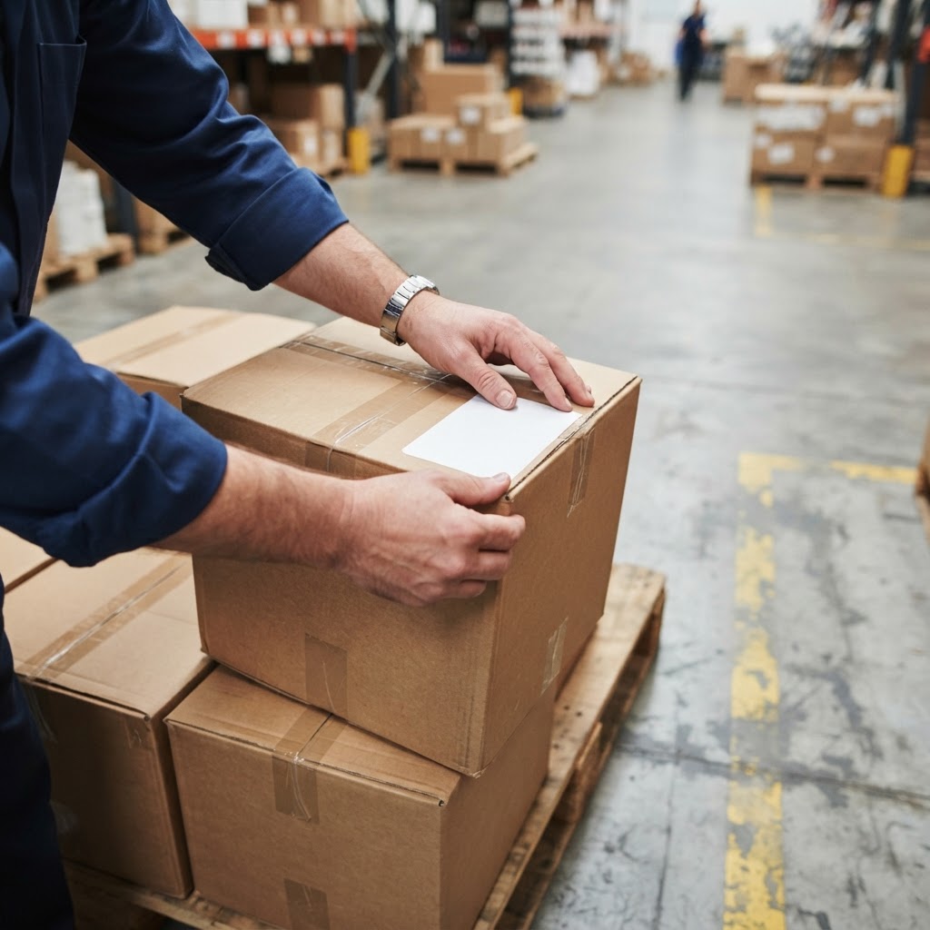 Hands applying shipping label to a crate