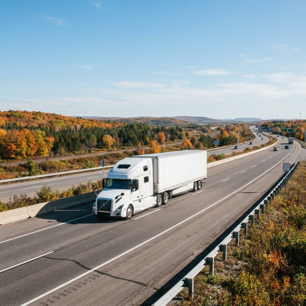 Transport truck moving along a highway