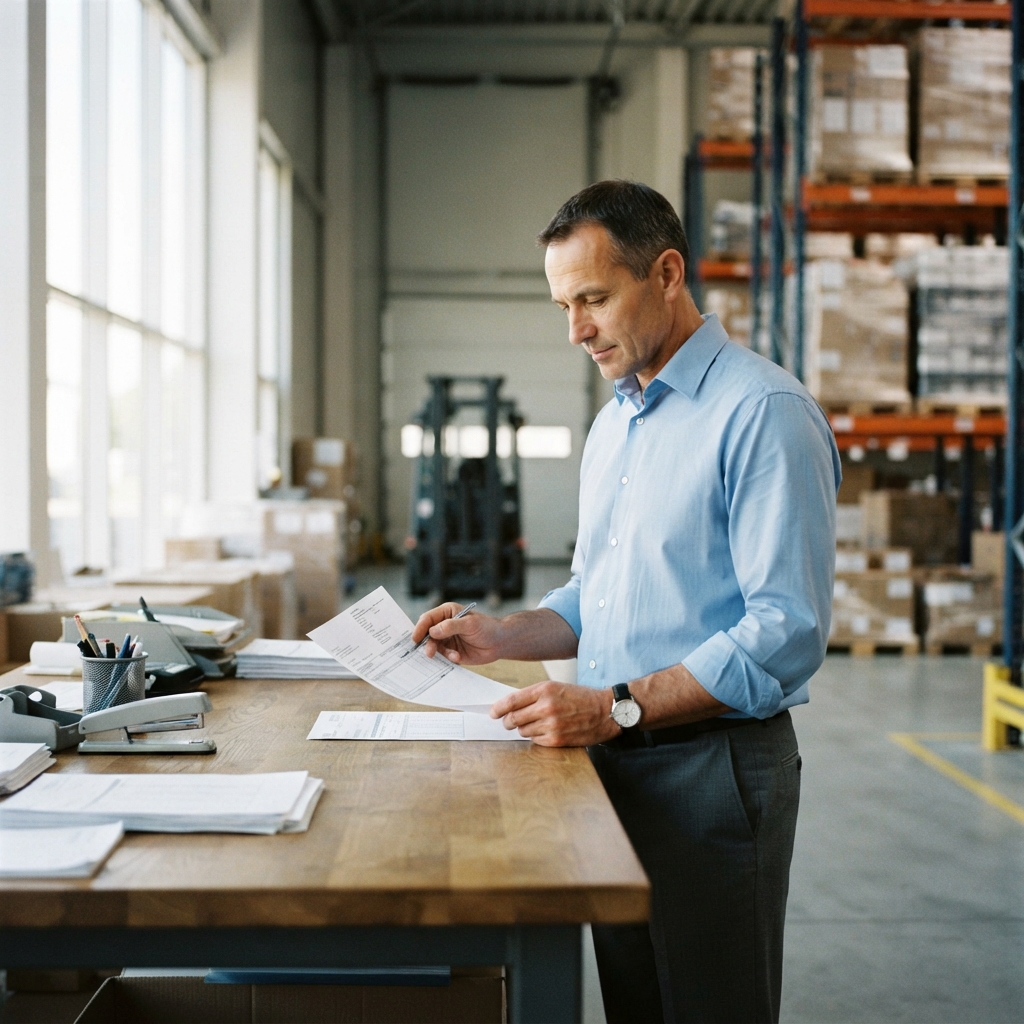Logistics manager reviewing shipping documents in a warehouse