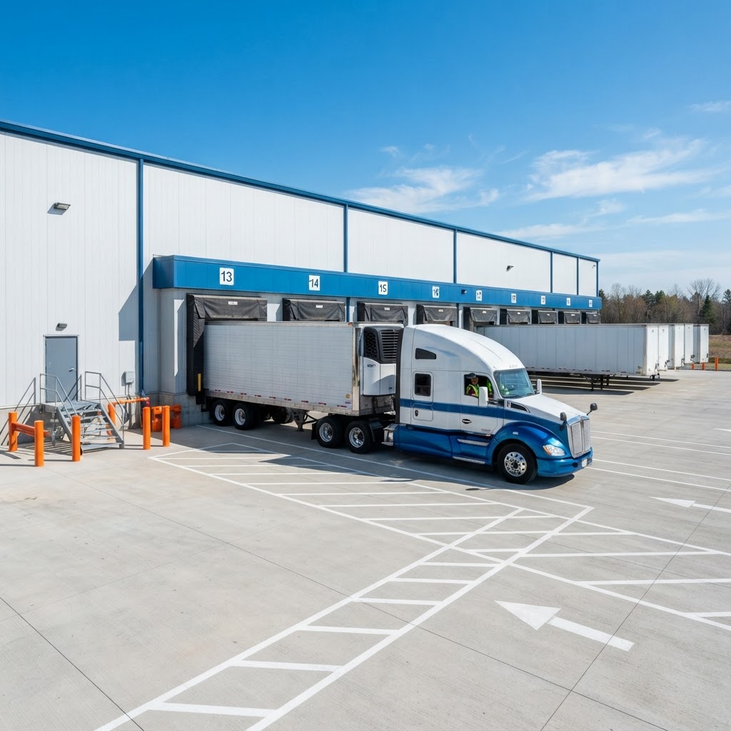 Transport truck reversing into a clean warehouse loading bay