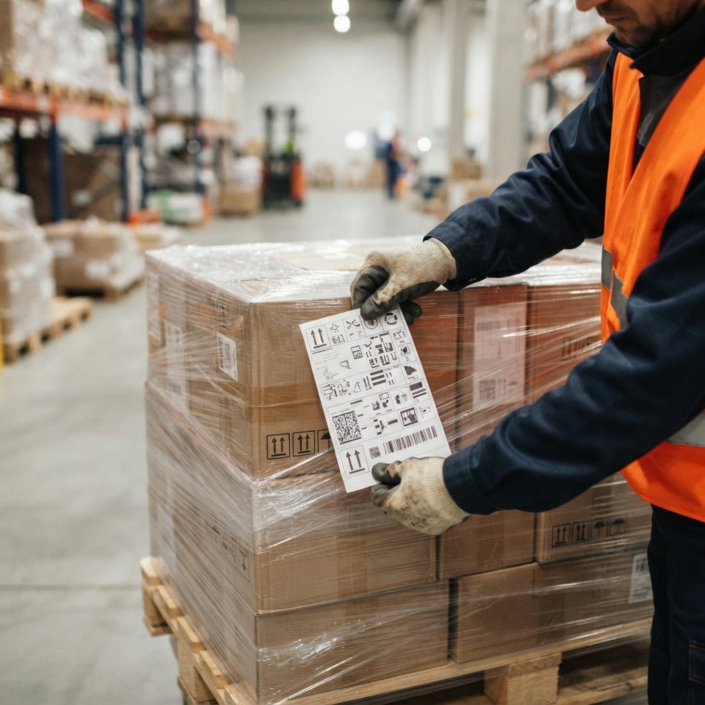 Worker attaching a shipping label to a pallet