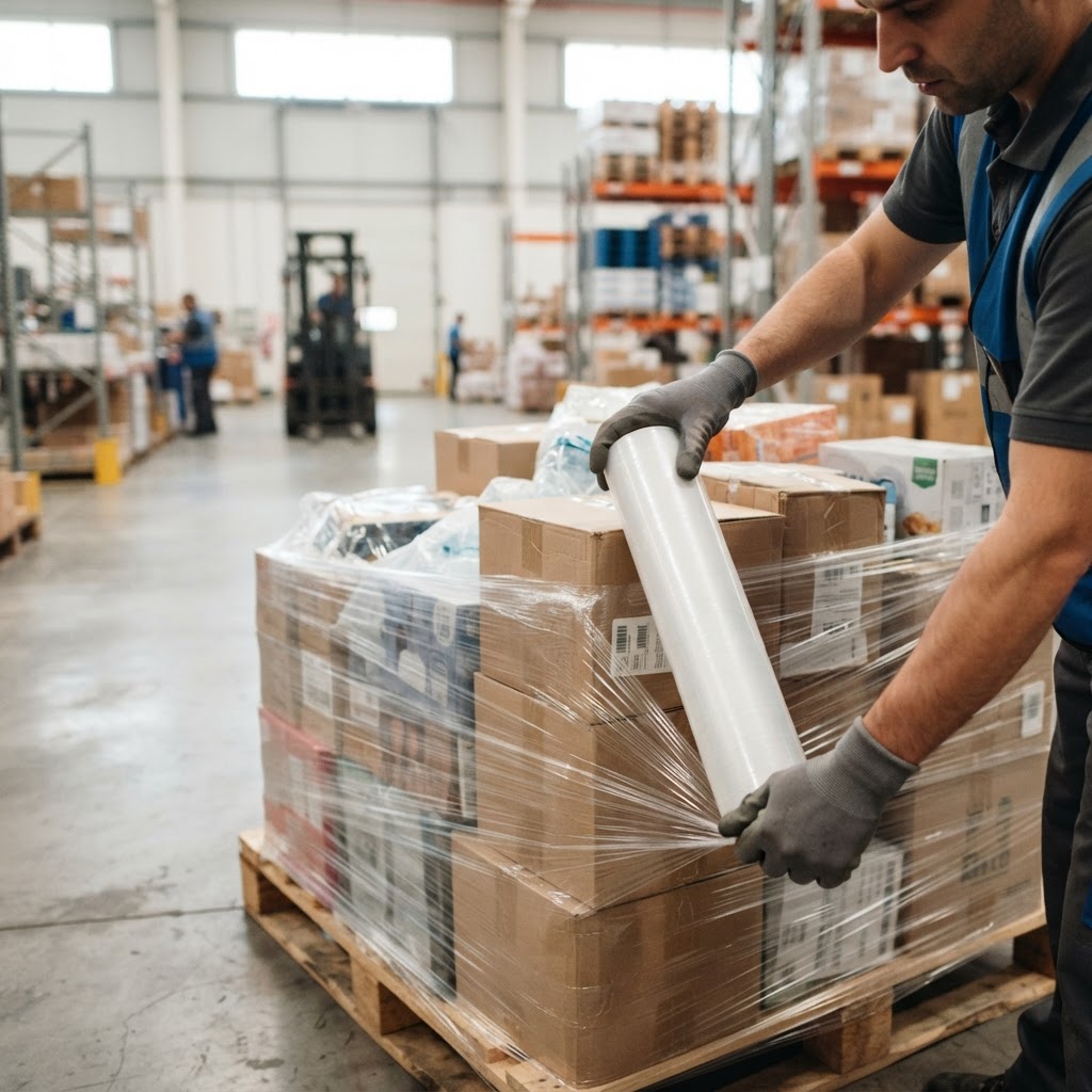 Worker wrapping a shipping pallet in a warehouse