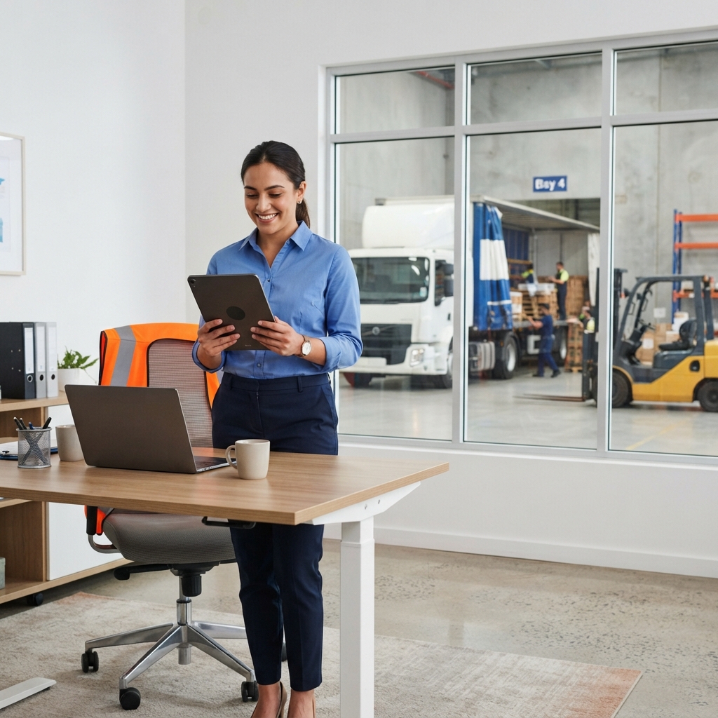 Logistics coordinator managing shipping in a modern warehouse office