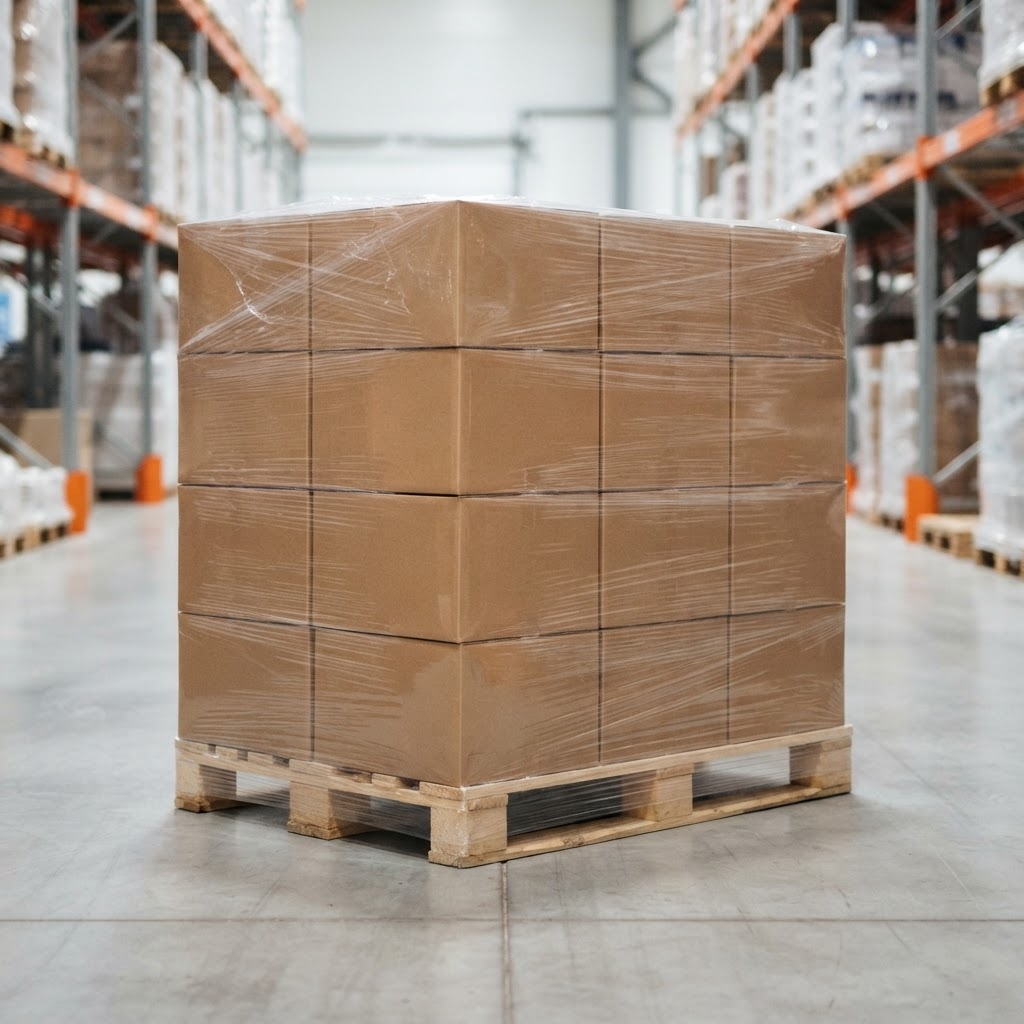 Prepared freight pallet waiting for pickup in a warehouse