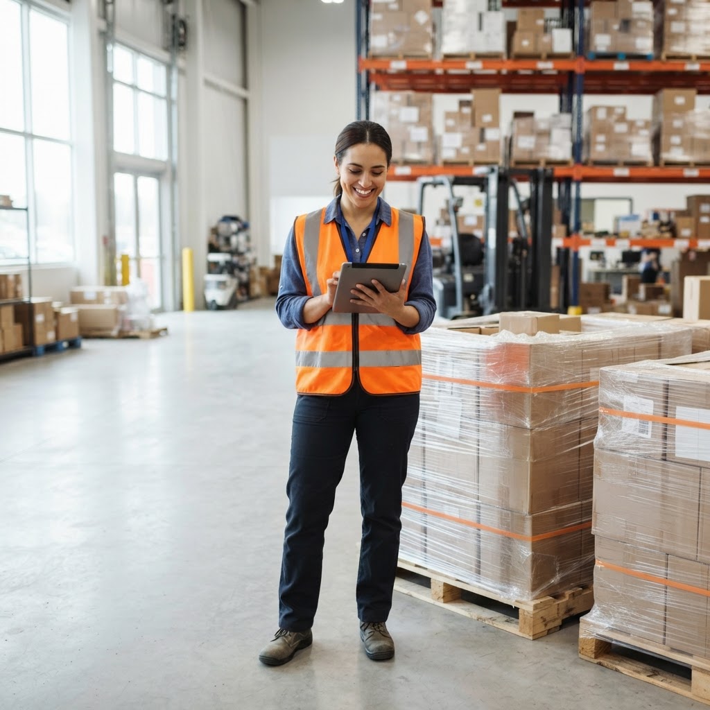 Logistics coordinator managing shipments in a clean warehouse
