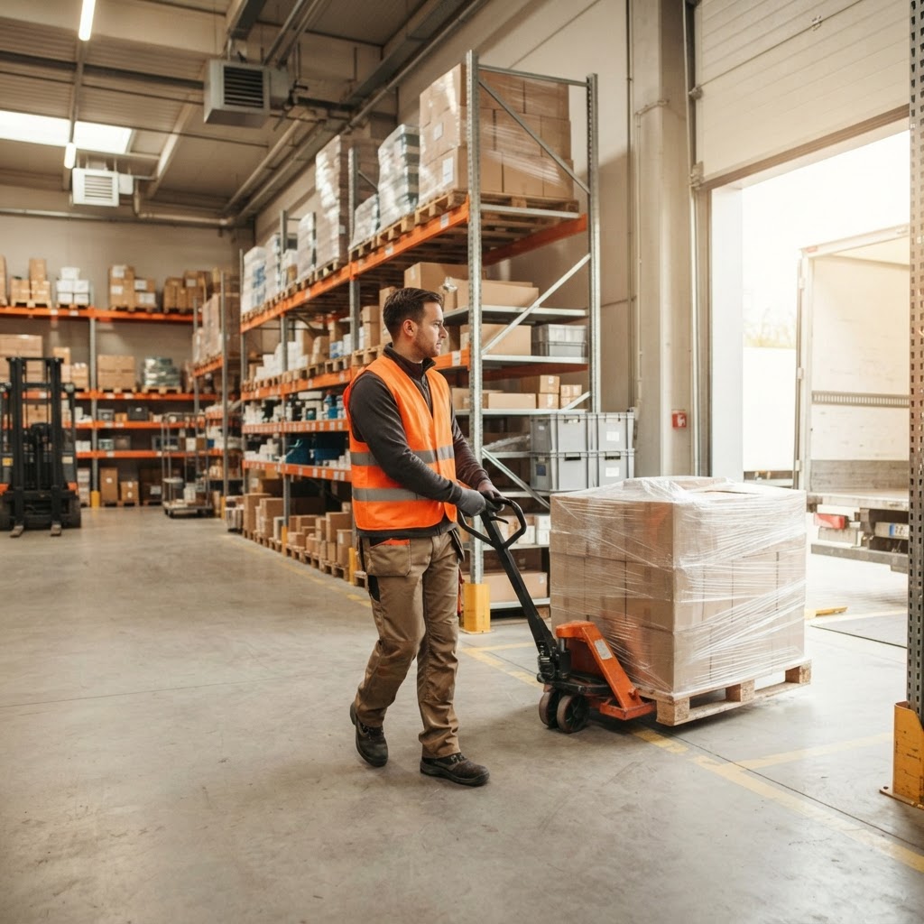 Warehouse worker moving a pallet with a pallet jack