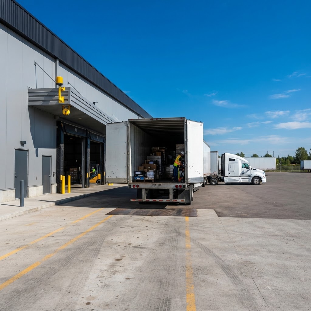 Transport truck at a warehouse loading dock