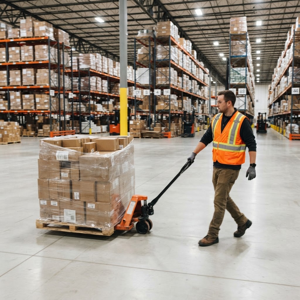 Warehouse worker moving a pallet of goods