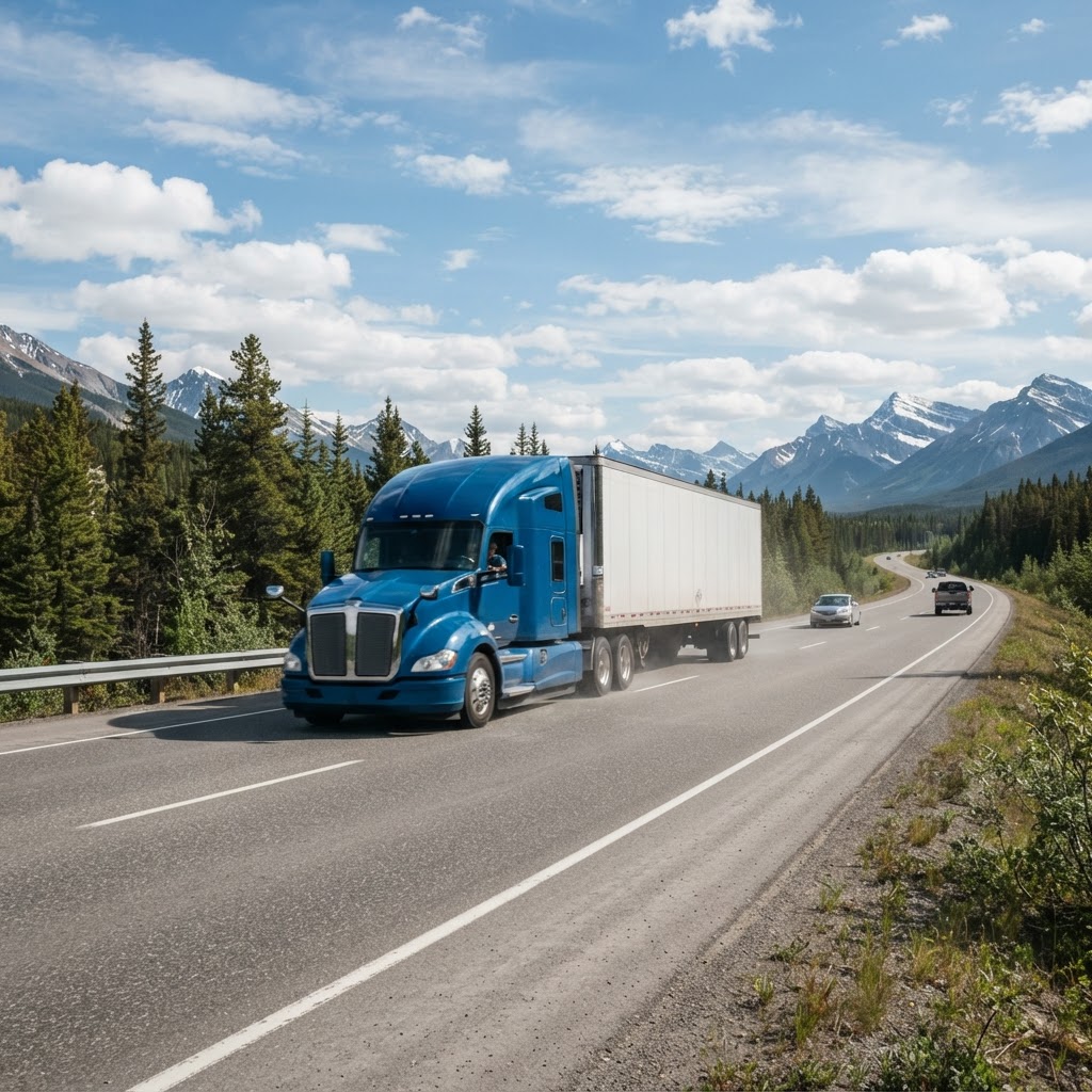 Transport truck cruising along a highway