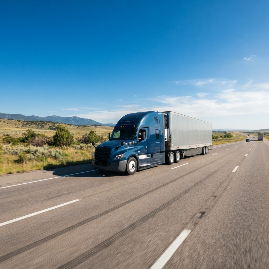 Semi truck traveling on a highway for freight delivery