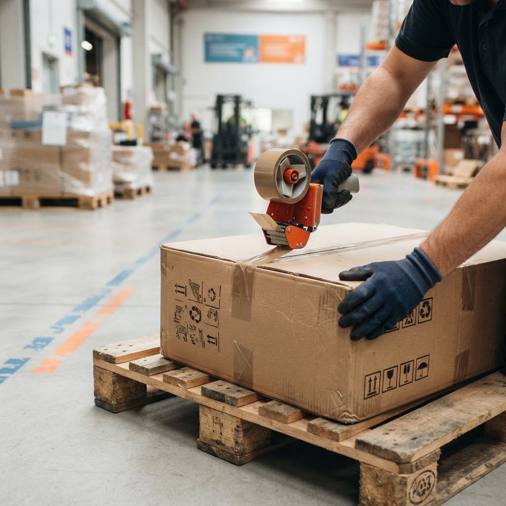 Close up of hands securing a box on a pallet