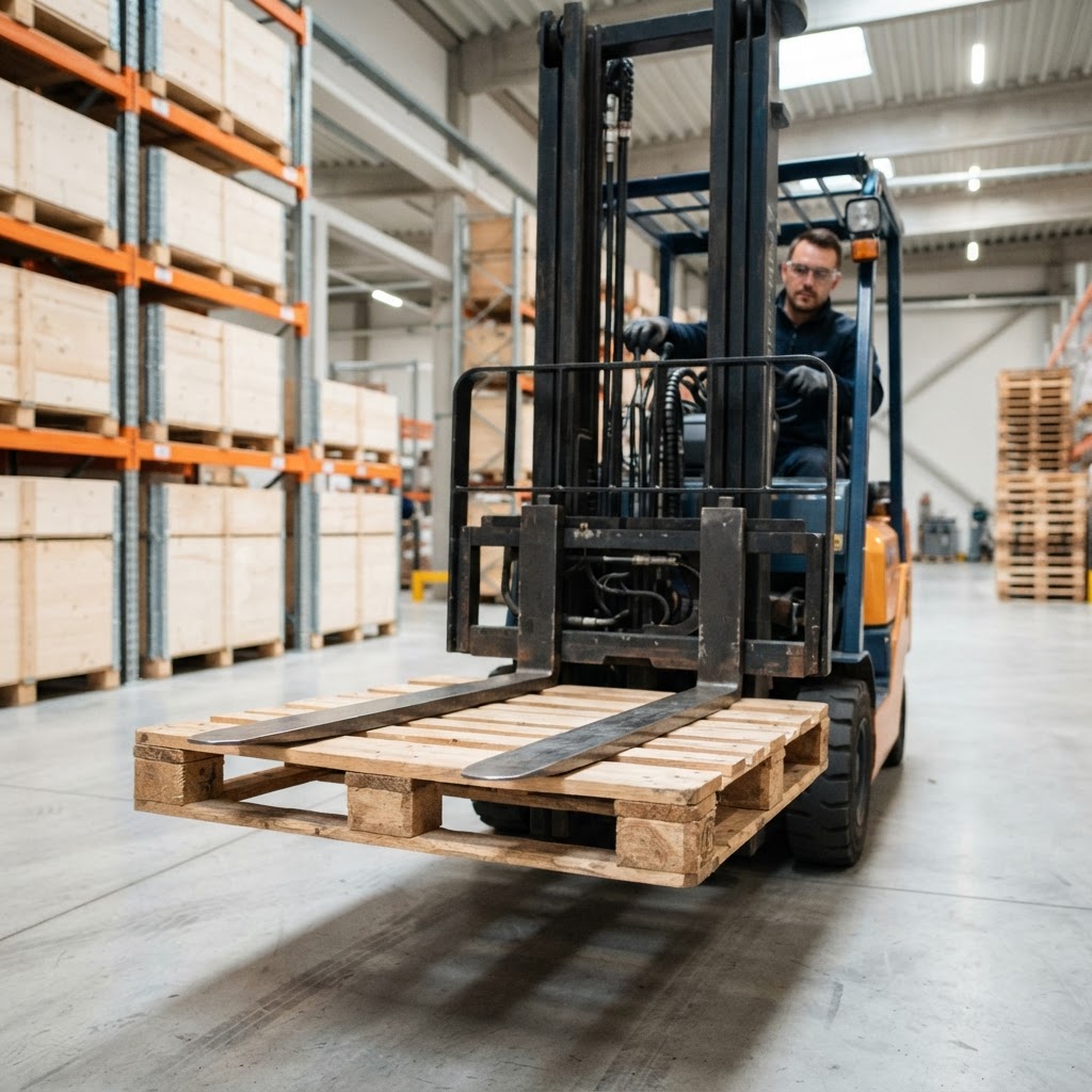 Forklift operator handling a wooden freight pallet