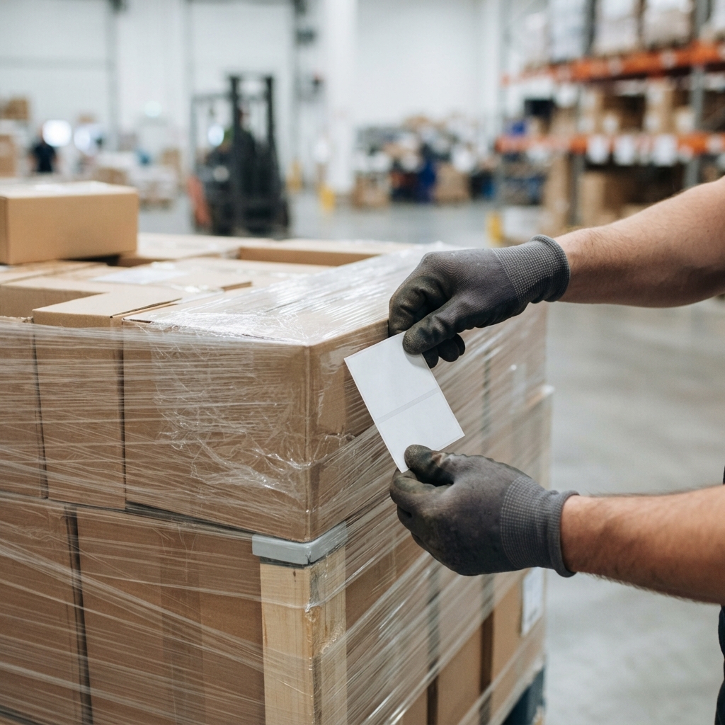 Hands applying shipping label to pallet