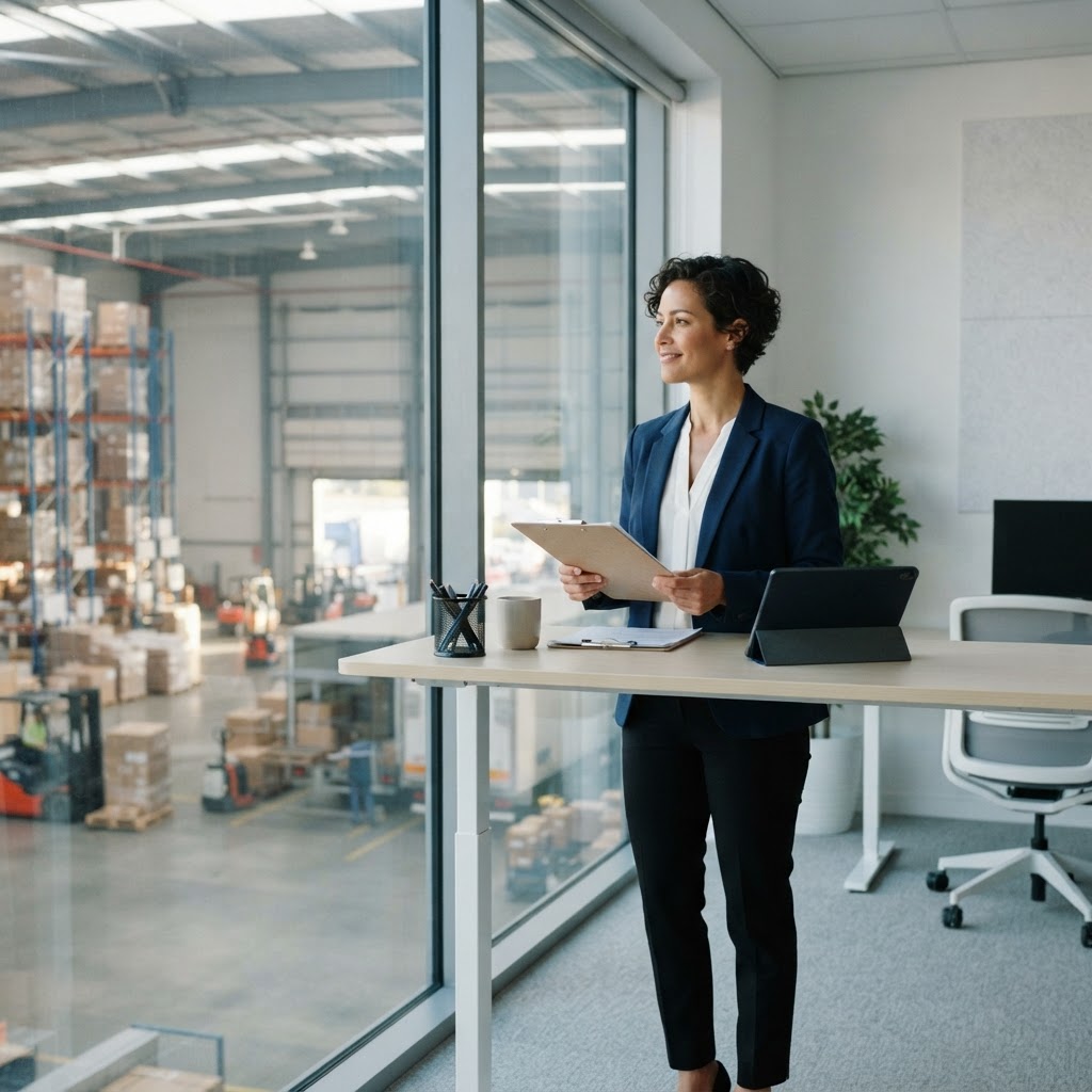 Logistics manager overseeing operations from an office