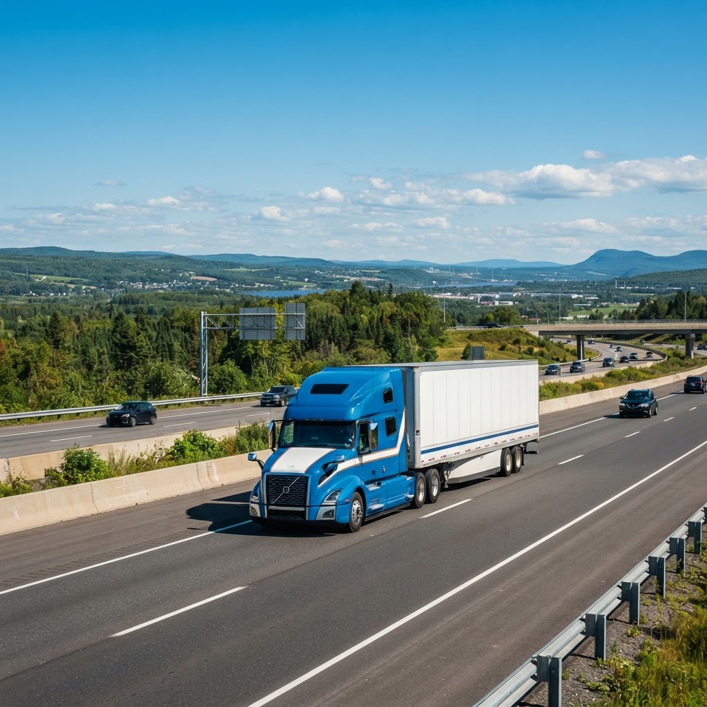 Transport truck driving smoothly on a highway