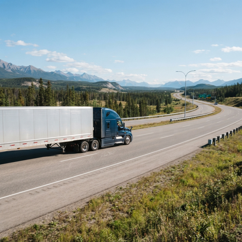 Transport truck driving on a Canadian highway