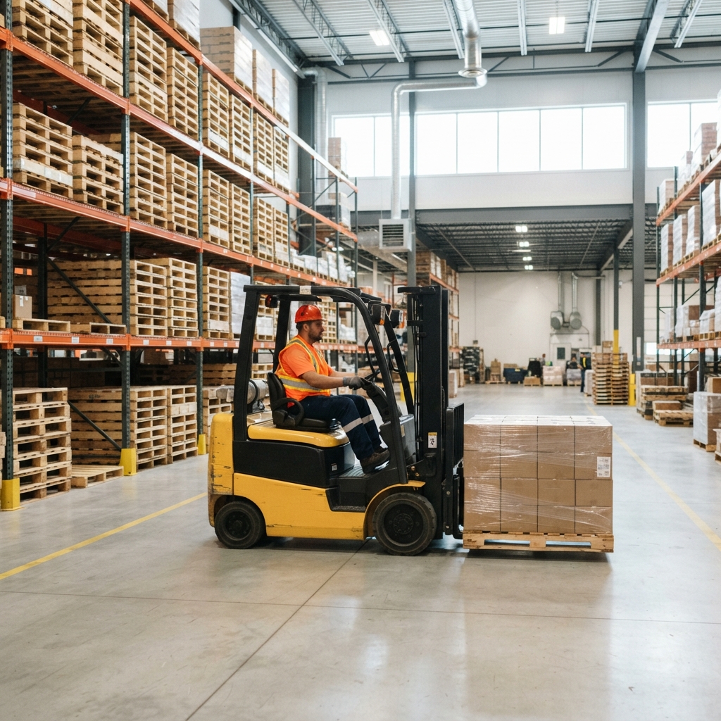 Forklift operator moving pallet in a clean warehouse
