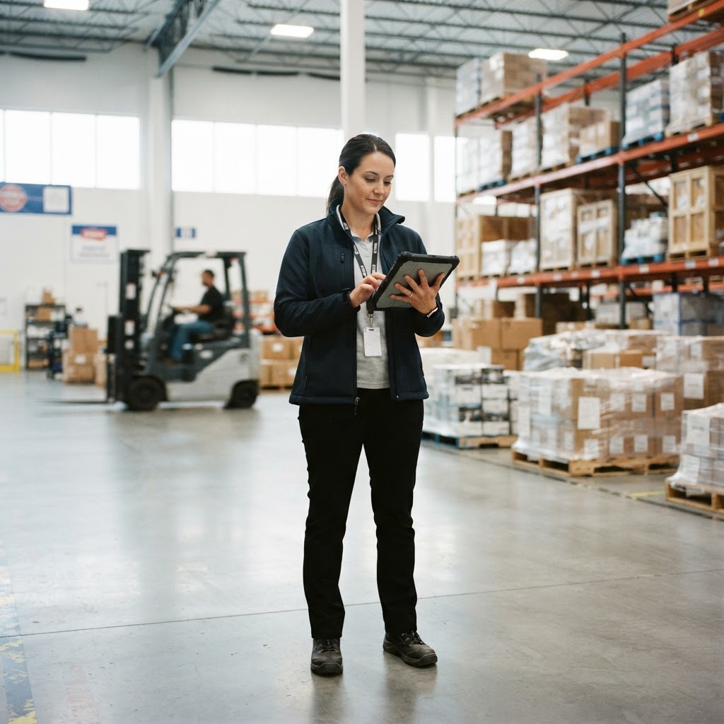 Logistics manager reviewing shipment details on a tablet