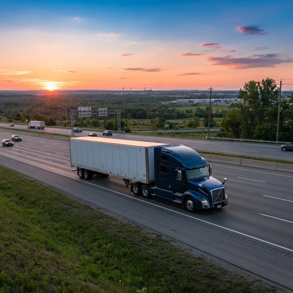 Transport truck driving along an open Ontario highway