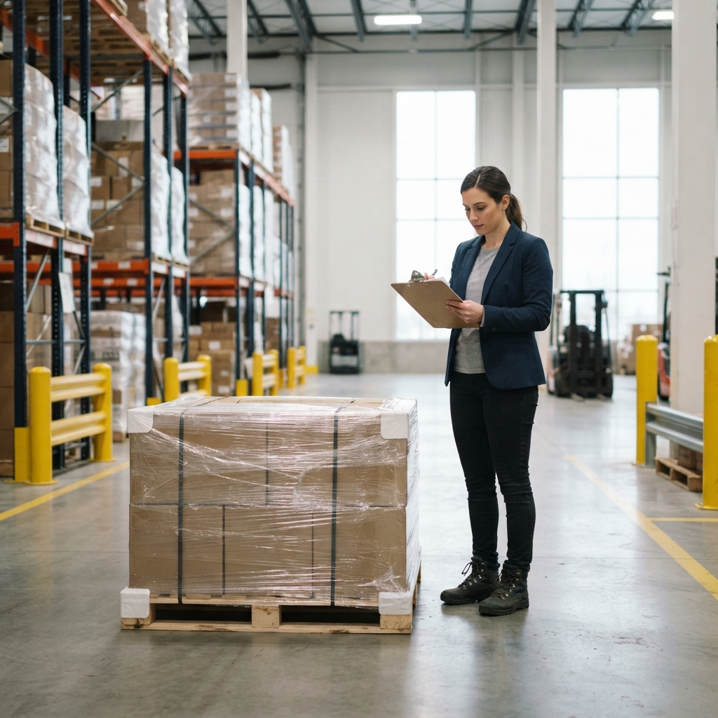 Logistics manager preparing a pallet for shipment