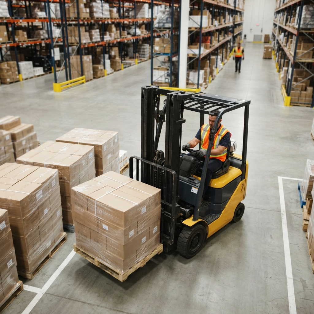 Forklift operator moving a pallet in a warehouse