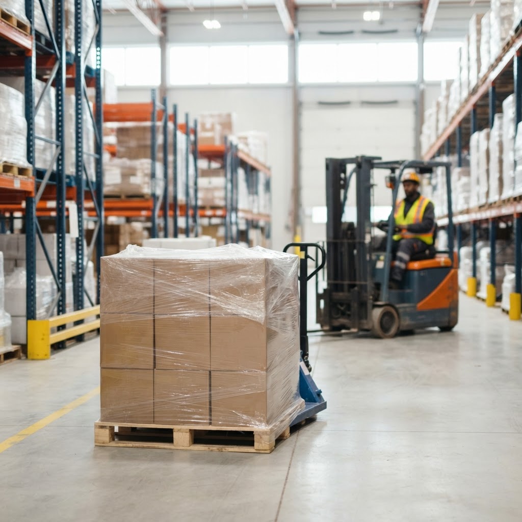 Clean warehouse aisle with a prepared shipping pallet